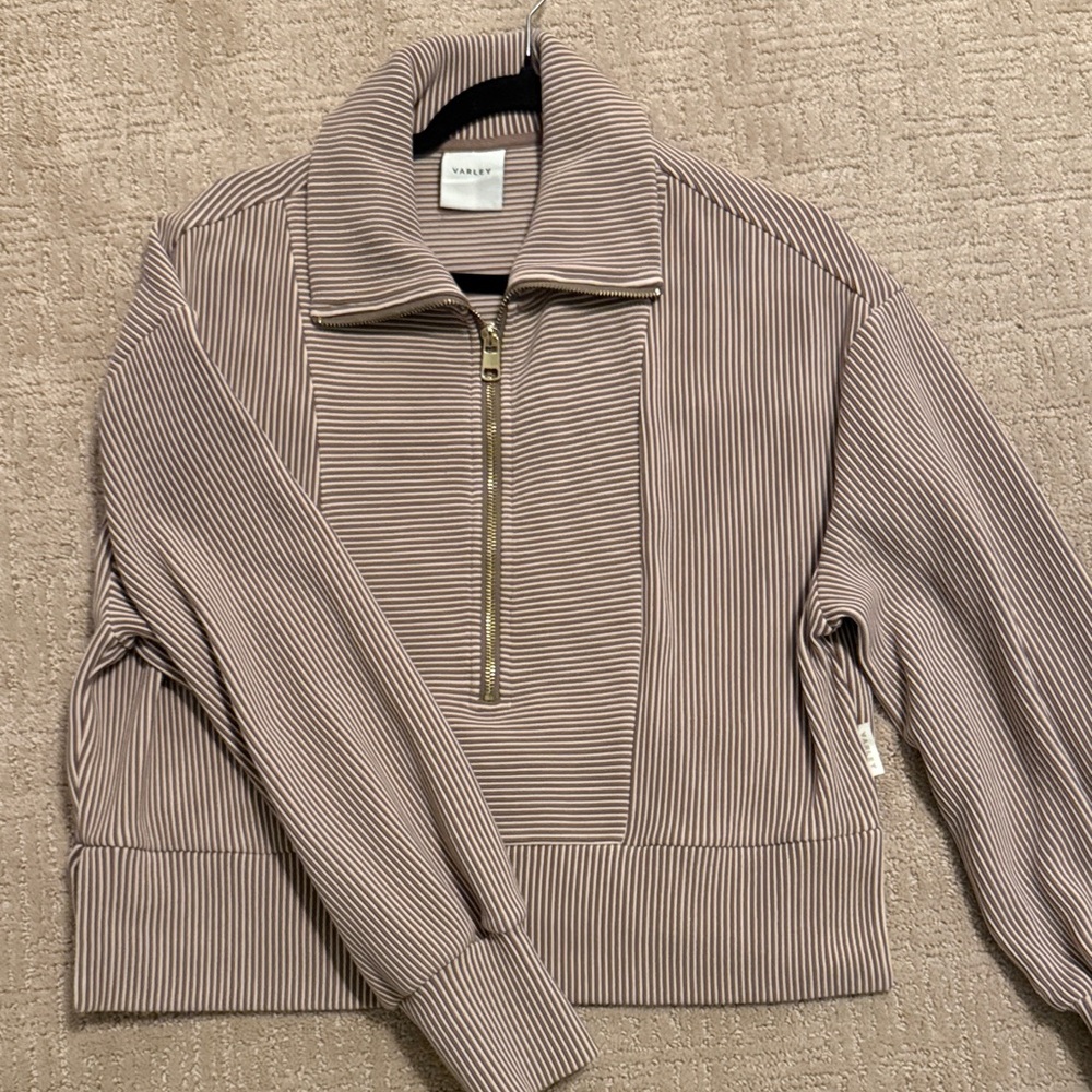 Varley Taupe Striped Turtleneck Sweater